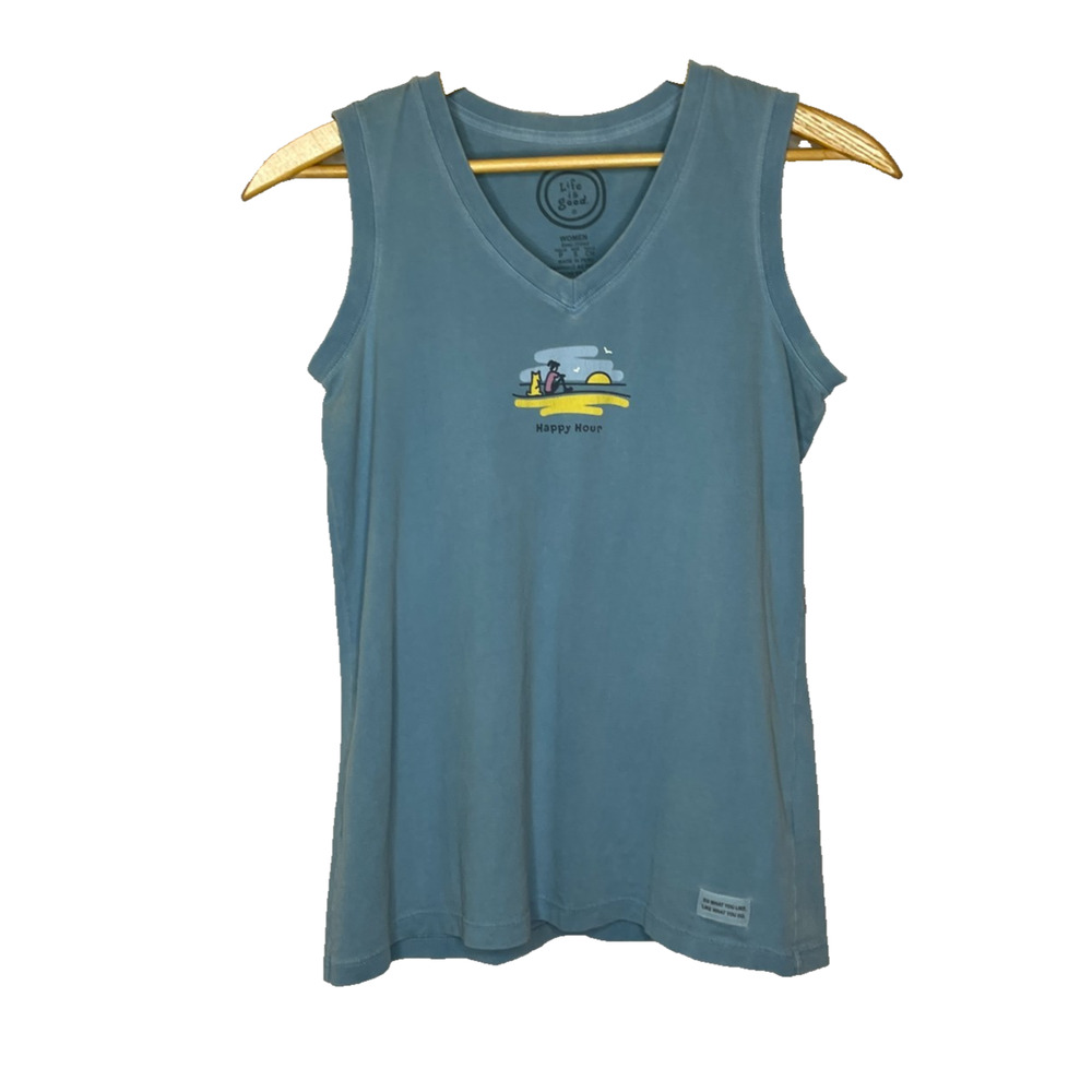 Women's Small Life is Good Teal Blue V-Neck Happy Hour Tank Top Semi-Fitted